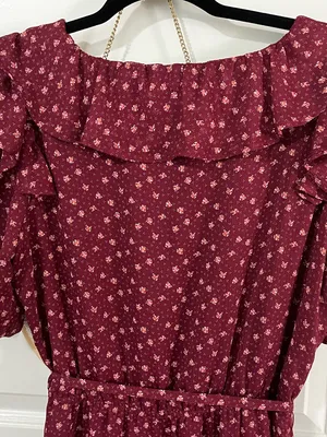 LOFT Flowy Chiffon Midi Dress Maroon Floral Ruffle cap Sleeve Sz M Fem Romantic thumbnail 7