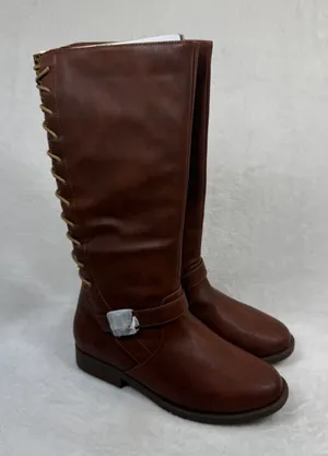 Sugar Brown Faux Leather Lace Up Back Leopard Print Knee High Boots Size 5‎ thumbnail 1