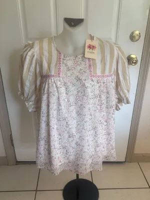 NWT Large Entro Boho cream/pink floral/stripe design short puff sleeve top. thumbnail 1
