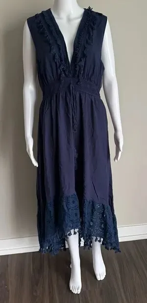 Navy Blue Summer Ruffle Tie Waist Dress XL thumbnail 1