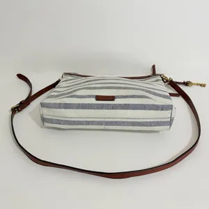 FOSSIL Fiona Blue WhiteStripe Large Crossbody Bag Purse Brown Faux Leather thumbnail 6