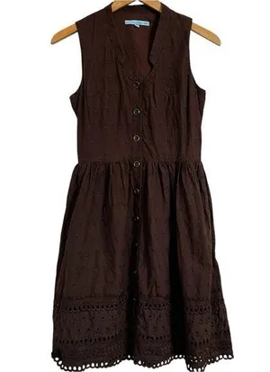 Antonio Melani Brown Cotton Sleeveless V-Neck Eyelet A-Line Dress Sz 2 thumbnail 1