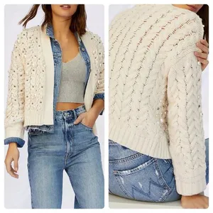 Anthropologie Embellished Pearl Open Cream Cardigan thumbnail 2