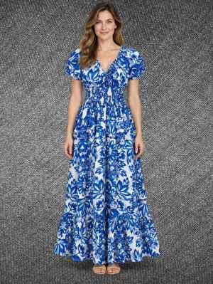 Blue White Floral Smocked Puff Sleeve Maxi Dress Size M thumbnail 2