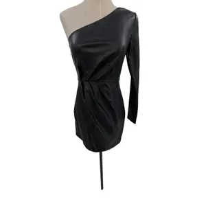 NBD Senia‎ One Shoulder Faux Leather Mini Dress Black Long Sleeve XXS NWT thumbnail 5