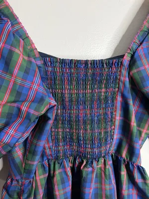 Old Navy Puff-Sleeve Blue Plaid Fit & Flare Taffeta Mini Dress Large Preppy Work thumbnail 9