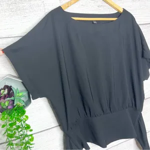 Ann Taylor Black Boatneck Dolman Sleeve Smocked Waist Tie Back Top Size Large thumbnail 1
