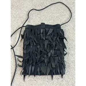 Kathryn Laibson Black Suede Fringed Crossbody Bag Boho‎ Festival Button Closure thumbnail 4
