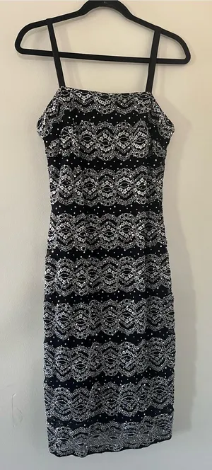 Vintage 90s R&M Richards Black Silver Lace Sequin Midi Cocktail Dress 10 Sparkly thumbnail 1