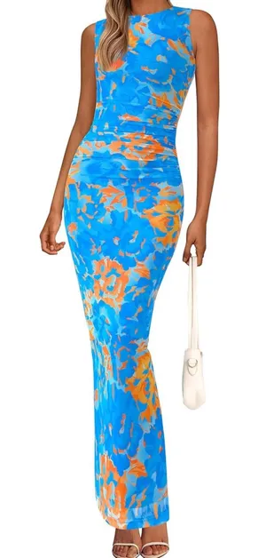 PRETTYGARDEN Blue & Orange Floral Maxi Dress thumbnail 1
