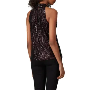 Parker Dallas Sleeveless Twist Halter Lined Burgundy Sequined Top Size Medium thumbnail 5
