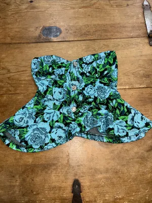 Zara Floral Jacquard Strapless Bustier Corset Peplum Top Blue Green Size S thumbnail 3
