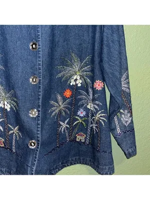 NEW Vintage Blue Jean Jacket Embroidered Palm Trees tropical resort cruise vacay thumbnail 3