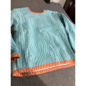 Handmade Women's Quilt Crewneck Light Blue With Coral Trim Sz M Cottage Core thumbnail 2