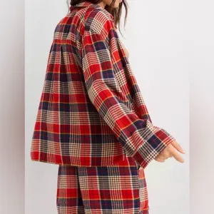 Aerie Red‎ Plaid Flannel Cotton Cozy Long Sleeve Pajama Lounge Button Down Top thumbnail 9