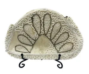 Vintage Hand Beaded Art Deco Clutch Wristlet Half Moon Shell Shape Ivory Bell thumbnail 2