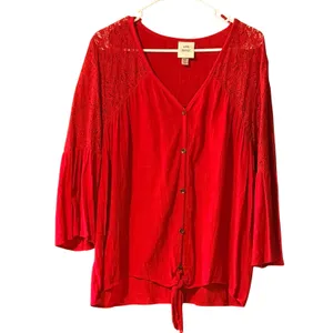 Knox Rose‎ Womens XXL Red Lace Bell Sleeve Tie Front Button Down Boho Blouse thumbnail 2