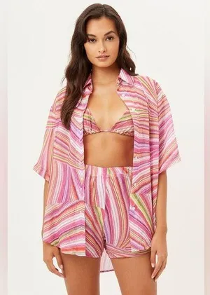 NWT Frankie’s Bikinis Fifi Button Down Short Sleeve Multi Colored Blouse Sz M thumbnail 1