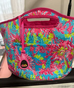 Lilly Pulitzer Large Turquoise Pink Floral Neoprene Tote thumbnail 1