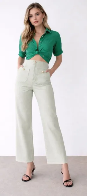 Zara Light Green High Rise Wide Leg Cropped Jeans Size 4 thumbnail 1