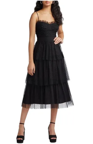 Lulus Black Tiered Tulle Midi Dress – Size M (NWT) thumbnail 1
