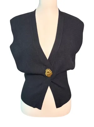 NWT Commense XS Black V Neck Gold Rose Button Cinched Waist Knit Sweater Vest thumbnail 1
