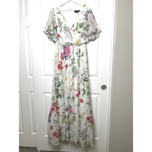 Betsy &‎ Adam Floral Maxi Dress 6 White Pink Flutter Sleeve Gown thumbnail 2