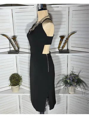Black cocktail midi dress open back deep V pencil wedding guest sexy homecoming thumbnail 3