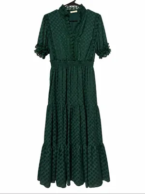 Max Studio Emerald Green Jacquard Lace Trim Tiered Midi Dress thumbnail 4