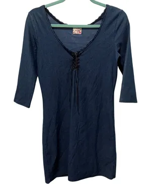 Intimately Free‎ People Blue Denim Look Lace Up Mini Dress Small 3/4 Sleeve Lace thumbnail 1