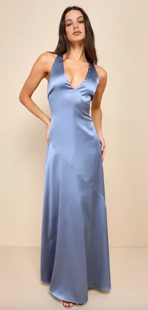 Lulus Purely Elegant Slate Blue Satin Twist Back Maxi Dress Long Formal XL NWT thumbnail 1
