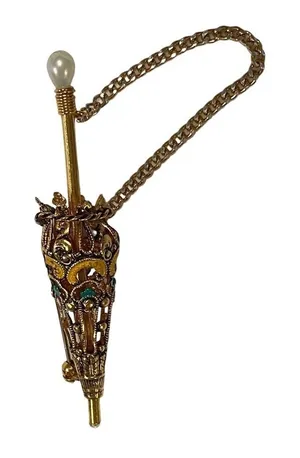 Vintage Umbrella Enamel Parasol Pin Brooch Gold Toned Damascene Pearl Handle thumbnail 1