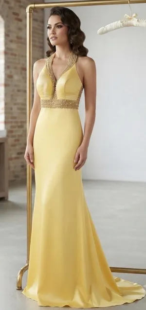 Yellow Halter Prom Gown with Beaded Waist thumbnail 1