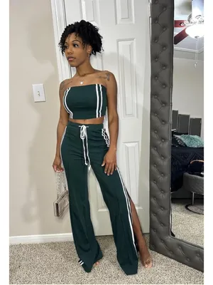 NEW 2 Pc Outfit Strapless Striped Crop Top & High Waist Wide Leg Pant S thumbnail 6