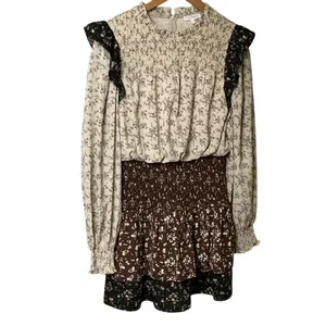Free The Roses Floral Ruffle Mini Dress Smocked High Neck Tiered Brown Cream S‎ thumbnail 3
