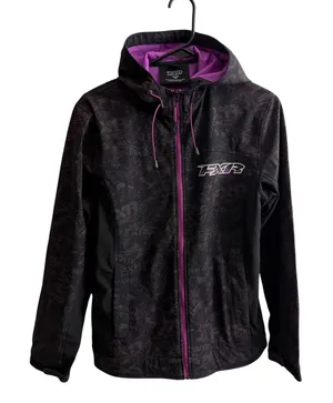 FXR Jacket Womens Size 6 Black Purple Logo Print Racing Hooded Softshell Zip Up thumbnail 1