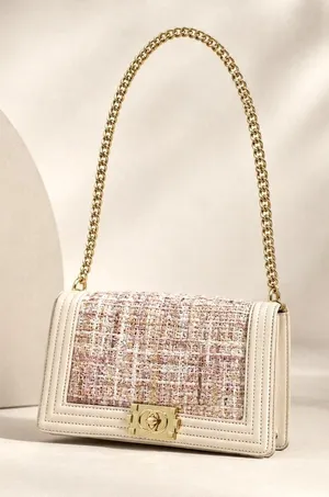 Tweed Boy Chain Shoulder Bag Purse Cream Pink Gold Preppy Old Money Coquette thumbnail 1
