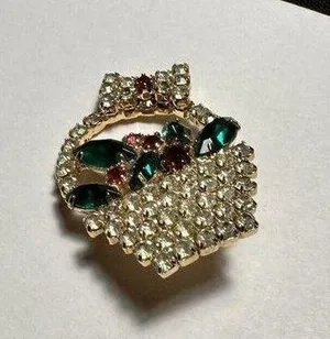 Prong Set Rhinestone Basket Clear Red & Green Christmas Holiday Brooch Pin thumbnail 1