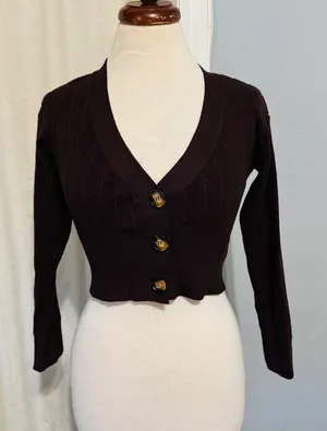 All The Ways Brown Ribbed Knit Cropped Cardigan V-Neck Stretcy Top‎ Women Size S thumbnail 1