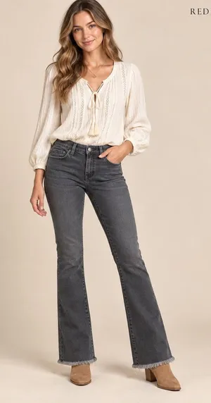 Free People Grey High Rise Flared Jeans Raw Hem W26 61502-16515125 thumbnail 1