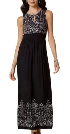 Soma Womens Jersey‎ Knit Baroque Keyhole Smocked Maxi Dress Size XS Black Boho thumbnail 1
