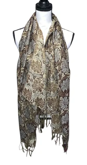 Women's Woven Reversible Floral Pashmina Wool Silk Shawl Wrap Scarf thumbnail 1