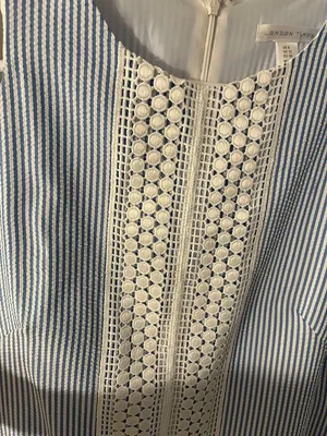 London Times Blue & White Striped Seersucker Dress with Crochet Panel thumbnail 3