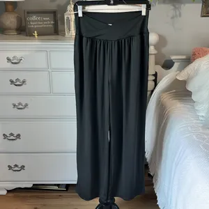Wide Leg Pants Cross Over Waist Black Silky Stretchy Womens Medium Yoga thumbnail 2