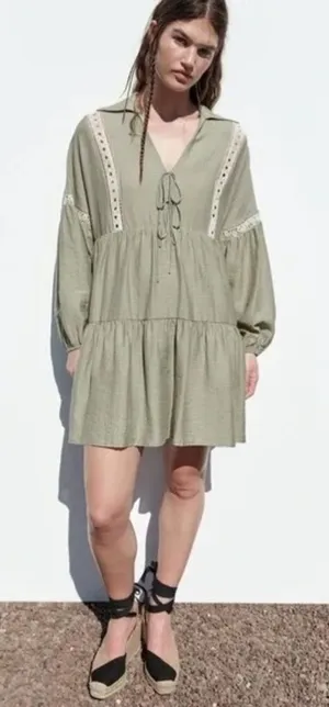 ZARA Boho Tiered Flowy‎ Mini Dress Sz Small Loose Fit Lace Green Tie thumbnail 1
