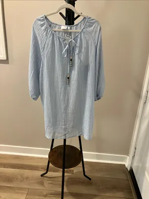 Light Blue Women's Peasant Neck Long-Sleeve dress with seed beaded tassels thumbnail 2