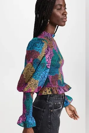 Farm Rio Women's Rainbow Mix Printed Mock Neck Crop Top || small thumbnail 1