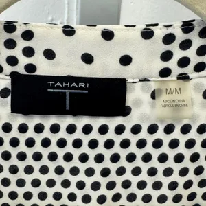 Tahari Womens Polka Dot Striped Blouse Black White Ruched Puff Sleeve Medium thumbnail 7