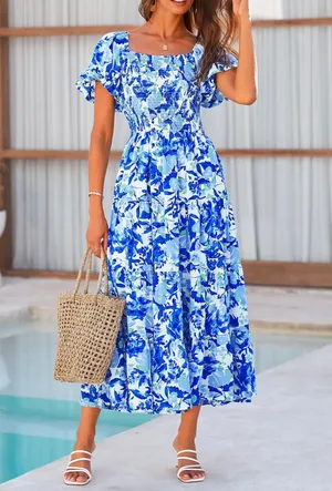 NWT Pretty Garden Smocked Blue Floral Tiered Puff Sleeve Dress thumbnail 2