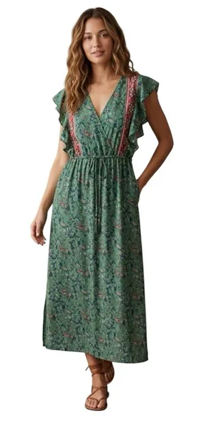 Boemo Ruffle Prairie Floral Green Paisley Maxi Dress V-Neck Ruffle Size Medium thumbnail 1